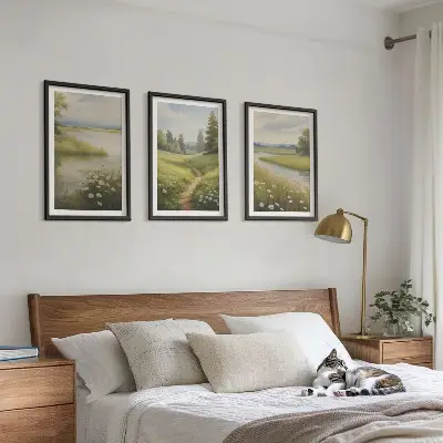 Wall art set spring landscape with a river and meadow