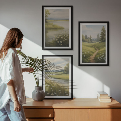 Wall art set Spring landscape river meadow