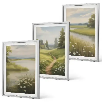 Wall art set spring landscape with a river and meadow