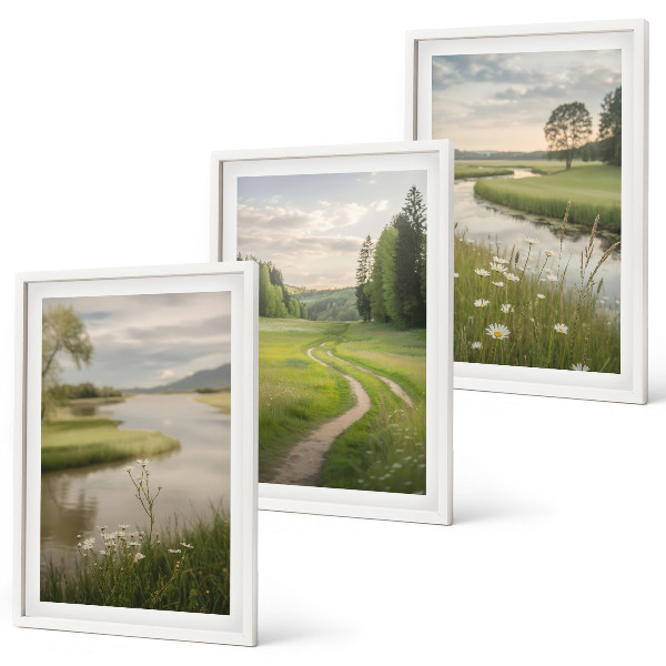 Three-piece wall art piece Landscapes of summer, river, meadow of flowers