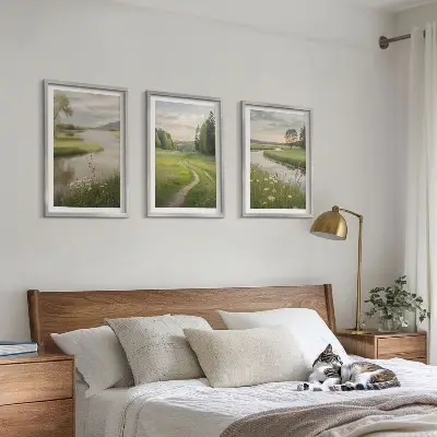 Three-piece landscape wall art summer river and meadow of flowers design