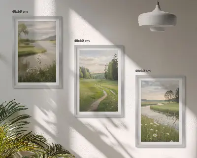 Three-piece landscape wall art summer river and meadow of flowers design