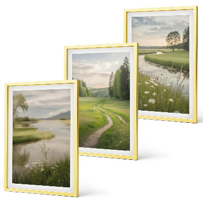 Three-piece wall art piece Landscapes of summer, river, meadow of flowers