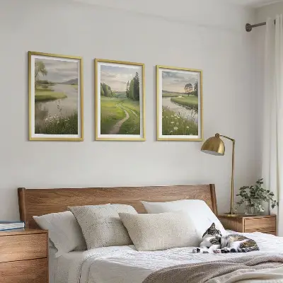 Three-piece landscape wall art summer river and meadow of flowers design