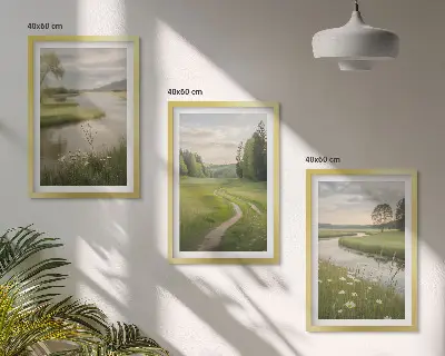 Three-piece landscape wall art summer river and meadow of flowers design