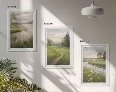 Three-piece landscape wall art summer river and meadow of flowers design