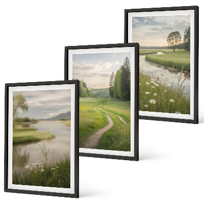 Three-piece wall art piece Landscapes of summer, river, meadow of flowers