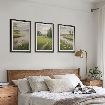 Three-piece wall art piece Landscapes of summer, river, meadow of flowers