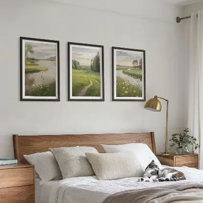 Three-piece landscape wall art summer river and meadow of flowers design