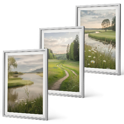 Three-piece wall art piece Landscapes of summer, river, meadow of flowers