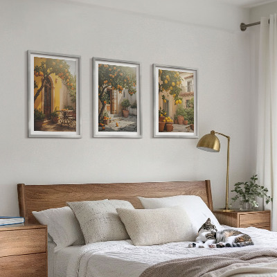 Set of 3 framed wall art pieces Sunny patio citrus pots