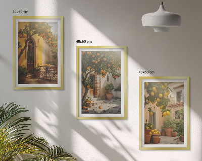 Set of 3 framed wall art pieces Sunny patio citrus pots