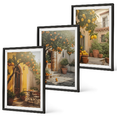 Set of 3 framed wall art pieces Sunny patio citrus pots