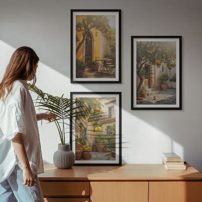 Set of 3 framed wall art pieces Sunny patio citrus pots
