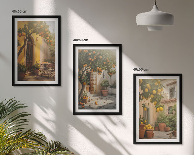 Set of 3 framed wall art pieces Sunny patio citrus pots