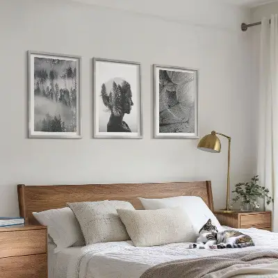 Set of 3 framed wall art pieces featuring a forest fog landscape with trees and dandelions