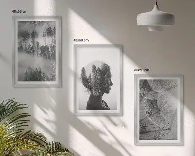 Set of 3 framed wall art pieces featuring a forest fog landscape with trees and dandelions