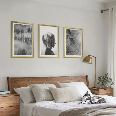 Set of 3 framed wall art pieces featuring a forest fog landscape with trees and dandelions