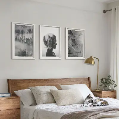 Set of 3 framed wall art pieces featuring a forest fog landscape with trees and dandelions