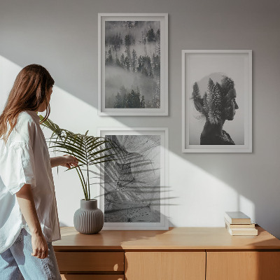 Set of 3 framed wall art pieces Forest fog portrait tree dandelion