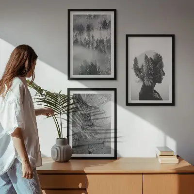 Set of 3 framed wall art pieces featuring a forest fog landscape with trees and dandelions