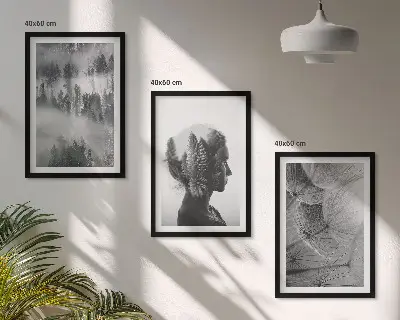 Set of 3 framed wall art pieces featuring a forest fog landscape with trees and dandelions