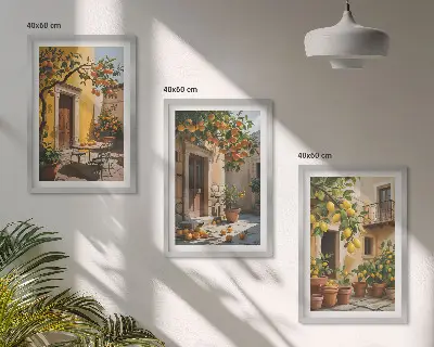 Wall art set citrus fruits and courtyard plants