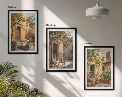 Wall art set citrus fruits and courtyard plants