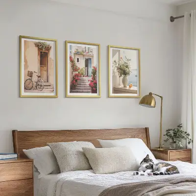 Three-piece wall art set featuring charming seaside streets