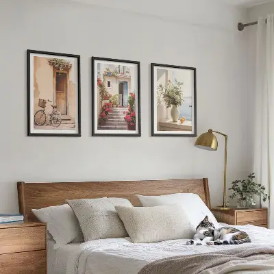 Three-piece wall art set featuring charming seaside streets