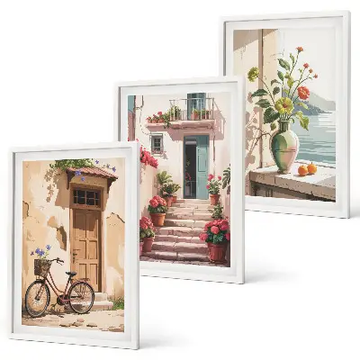 Streets, flowers and bicycles wall art set of 3 framed pieces