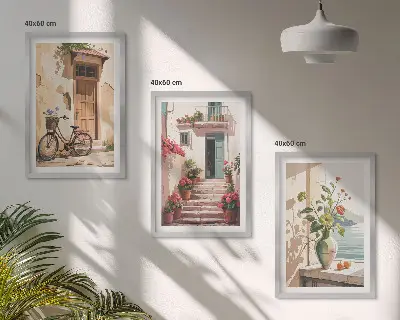 Set of 3 framed wall art pieces Streets, flowers and bicycles