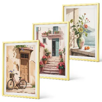 Streets, flowers and bicycles wall art set of 3 framed pieces