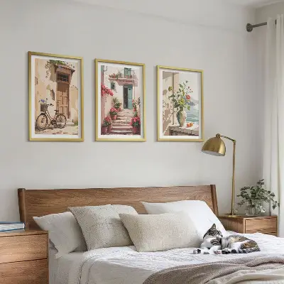 Set of 3 framed wall art pieces Streets, flowers and bicycles