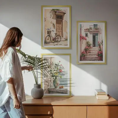 Streets, flowers and bicycles wall art set of 3 framed pieces