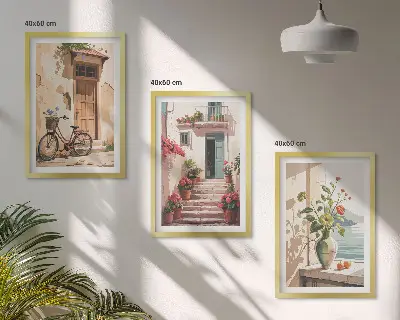 Set of 3 framed wall art pieces Streets, flowers and bicycles
