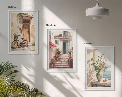 Streets, flowers and bicycles wall art set of 3 framed pieces
