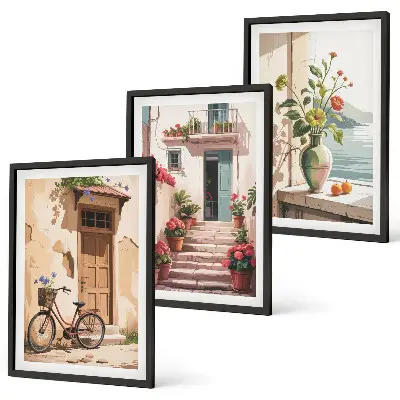 Streets, flowers and bicycles wall art set of 3 framed pieces
