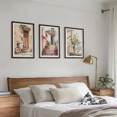 Streets, flowers and bicycles wall art set of 3 framed pieces