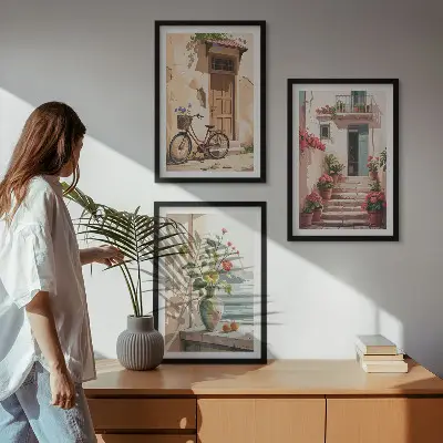 Streets, flowers and bicycles wall art set of 3 framed pieces