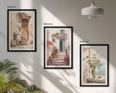 Streets, flowers and bicycles wall art set of 3 framed pieces
