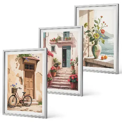 Set of 3 framed wall art pieces Streets, flowers and bicycles