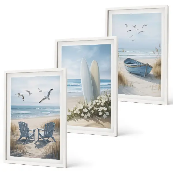 Wall art set featuring beach surfboards and birds