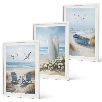 Wall art set featuring beach surfboards and birds