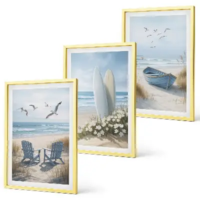 Wall art set featuring beach surfboards and birds