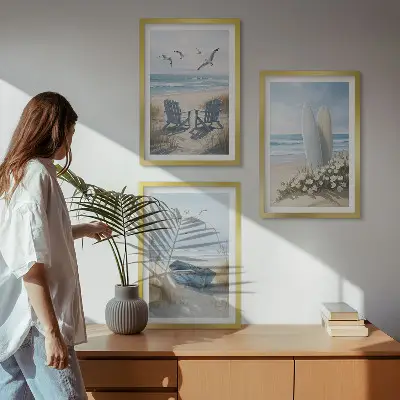 Wall art set featuring beach surfboards and birds