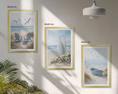 Wall art set featuring beach surfboards and birds