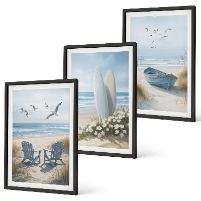 Wall art set featuring beach surfboards and birds
