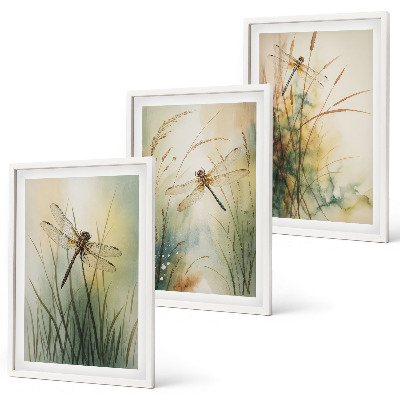 Three-piece wall art piece Dragonfly grasses above the water