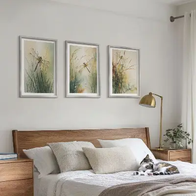 Three-piece wall art set dragonfly and grasses above the water